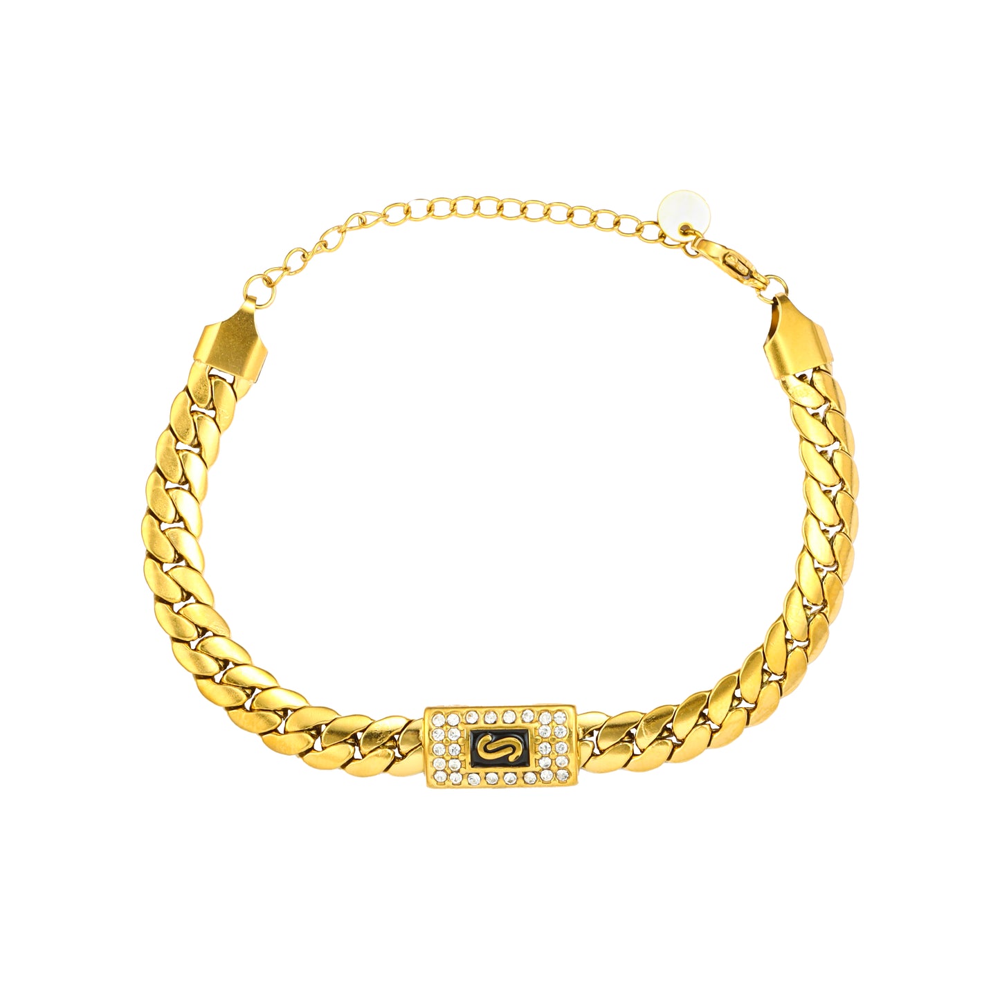 RemindraLux 18K Gold-Plated Monogram Pavé Plaque Curb Bracelet