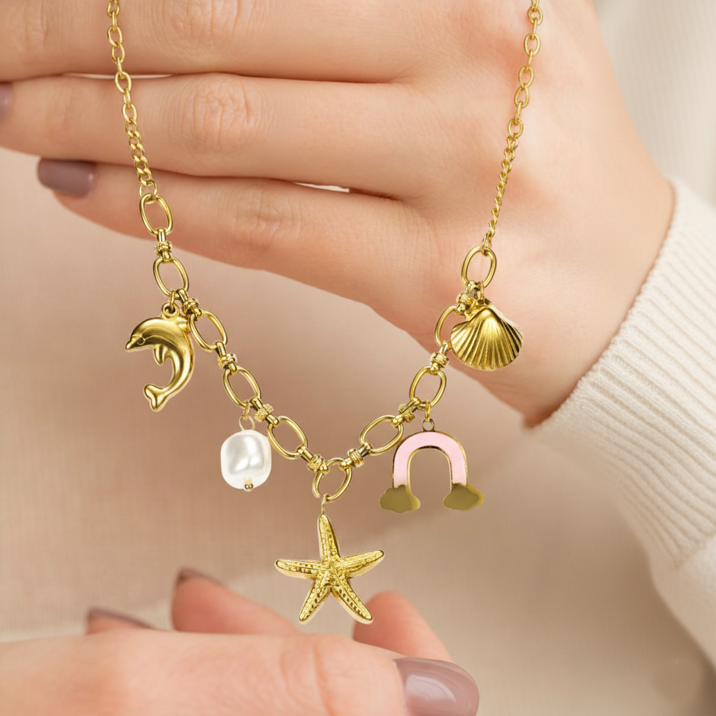 RemindraLux 18K Gold-Plated Ocean Charm Necklace with Dolphin, Starfish, Shell, Pearl & Rainbow