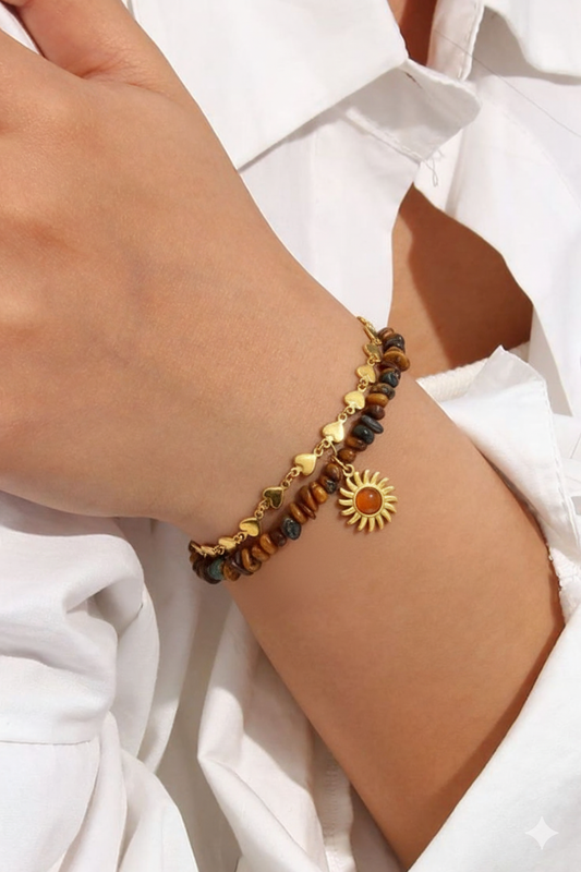 RemindraLux 18K Gold-Plated Sun Charm Double-Layer Heart Bracelet