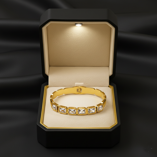 RemindraLux 18K Gold-Plated Emerald-Cut Crystal Bezel Bangle
