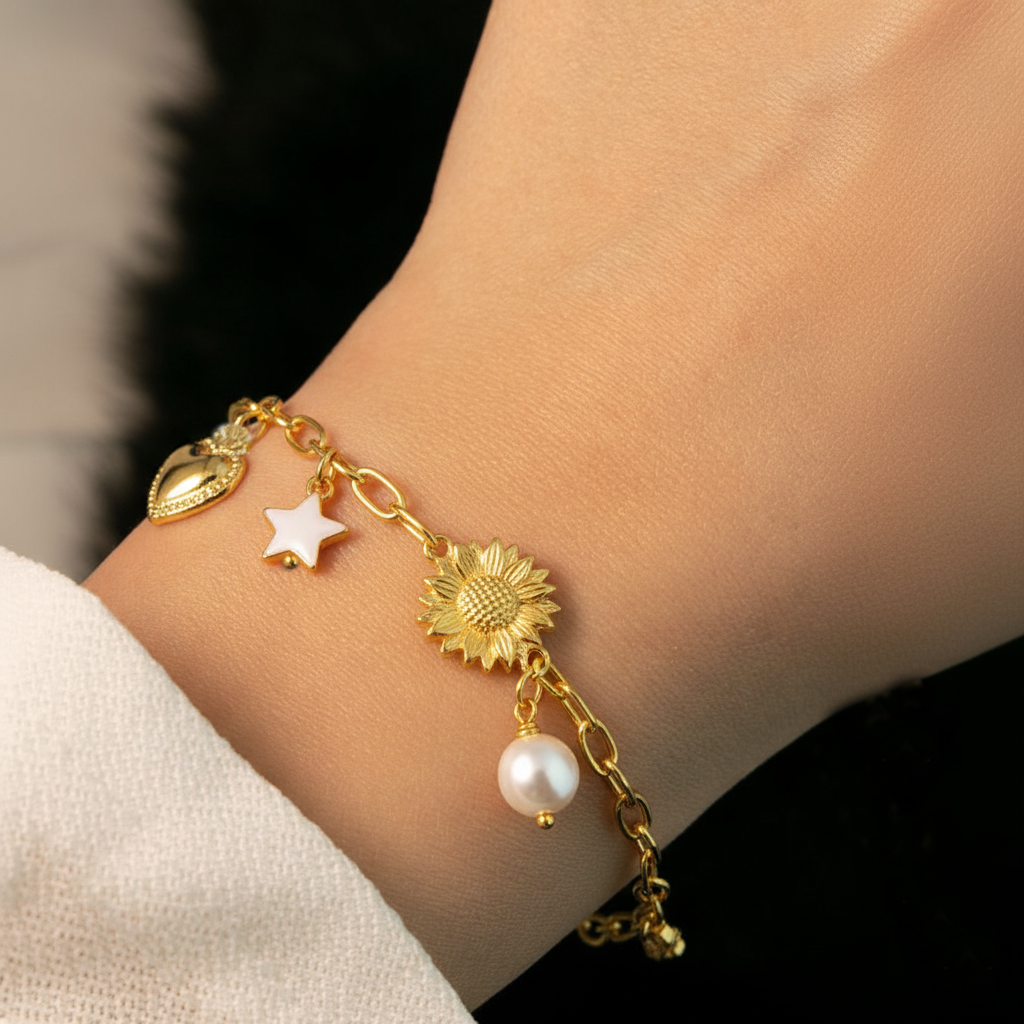 RemindraLux 18K Gold-Plated Charm Bracelet with Butterfly, Heart & Sun Motifs