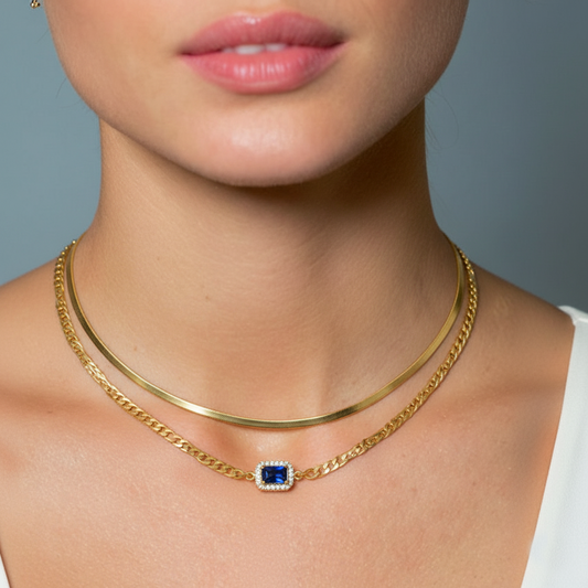 RemindraLux 18K Gold-Plated Double-Layer Necklace with Deep Blue Gemstone Accent