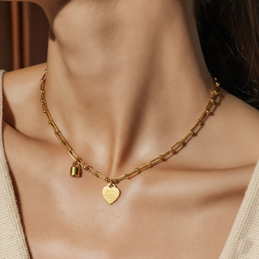 RemindraLux 18K Gold-Plated Heart Tag & Mini-Lock Beaded-Link Necklace