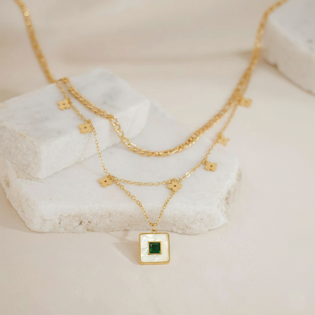 RemindraLux 18K Gold-Plated Layered Chains with Mini Flowers & Square Emerald Pendant