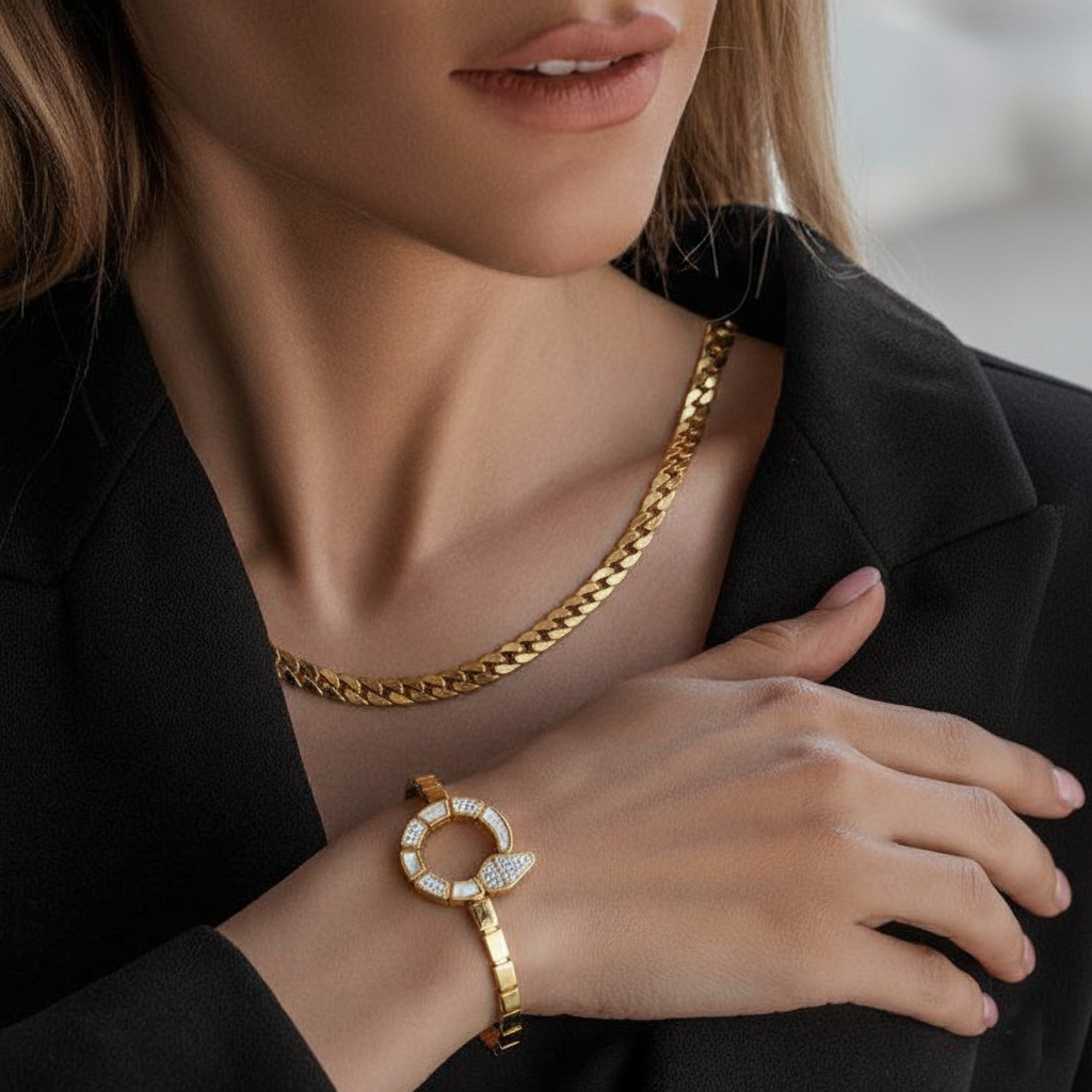 RemindraLux 18K Gold-Plated Geometric Open Ring Bangle with Pavé Accents