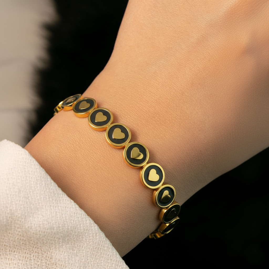 RemindraLux 18K Gold-Plated Black Enamel & Heart Motif Open Cuff Bangle