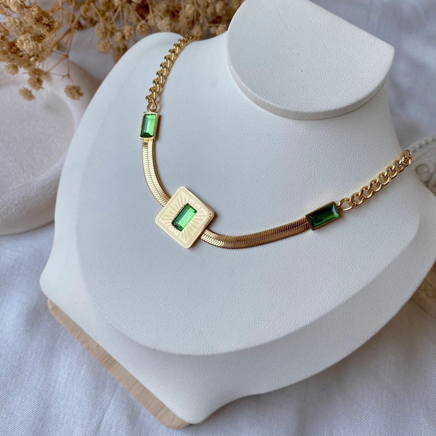 RemindraLux 18K Gold-Plated Emerald Square-Center Choker Necklace