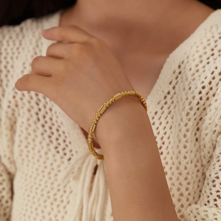 RemindraLux 18K Gold-Plated Ribbed Barrel & Bead Open Cuff Bangle