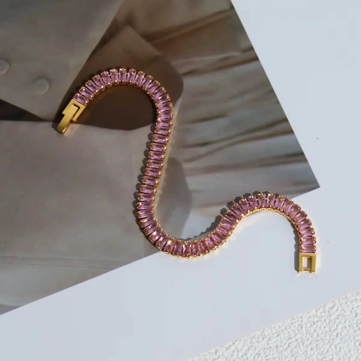 RemindraLux 18K Gold-Plated Pink Baguette-Cut Crystal Tennis Bracelet