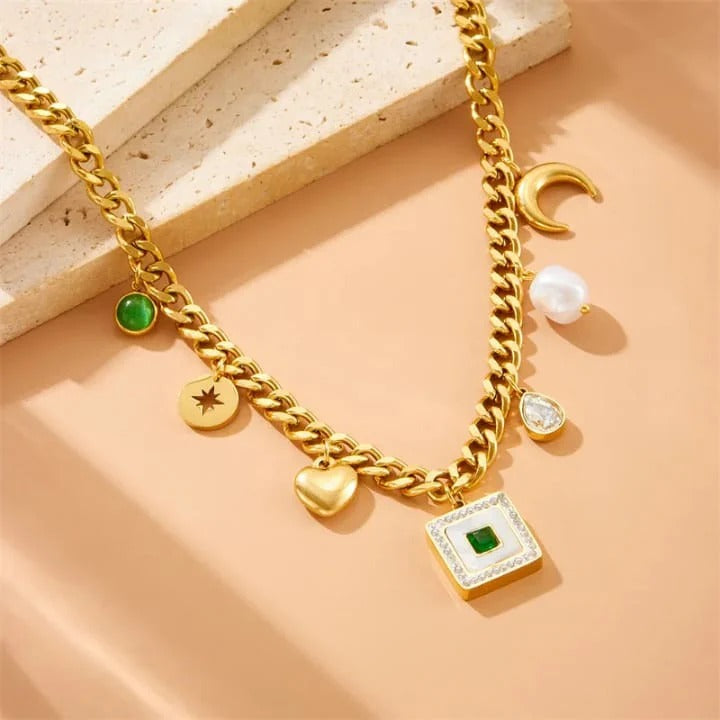 RemindraLux 18K Gold-Plated Emerald Medallion Charm Necklace