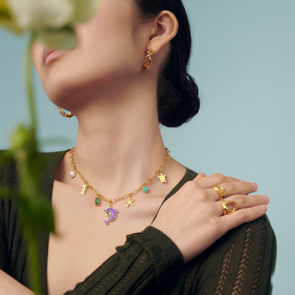 RemindraLux 18K Gold-Plated Ocean Charms Necklace with Dolphin, Starfish & Emerald Accent