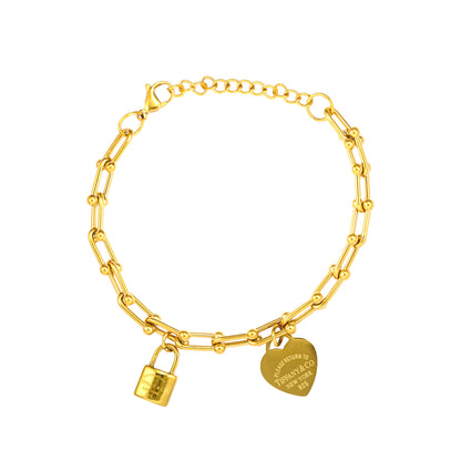 RemindraLux 18K Gold-Plated Heart Tag & Lock Charm Link Bracelet