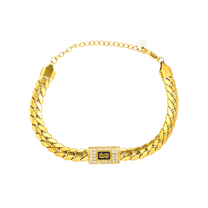 RemindraLux 18K Gold-Plated Monogram Pavé Plaque Curb Bracelet