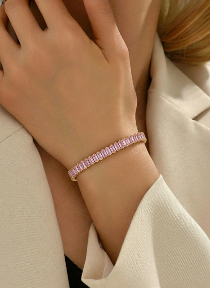 RemindraLux 18K Gold-Plated Pink Baguette-Cut Crystal Tennis Bracelet
