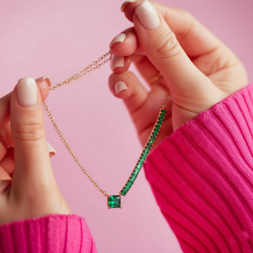 RemindraLux 18K Gold-Plated Emerald Square Center Necklace