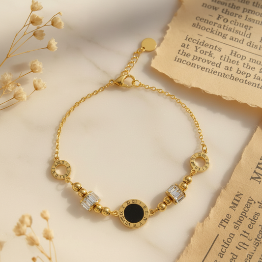RemindraLux 18K Gold-Plated Time-Ring Station Bracelet, Black Enamel Center