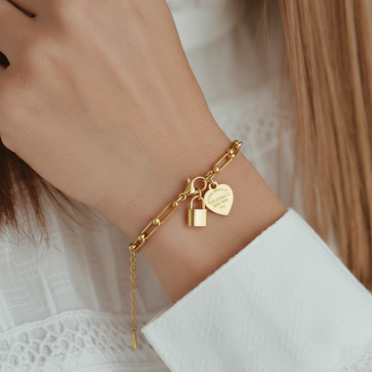 RemindraLux 18K Gold-Plated Heart Tag & Lock Charm Link Bracelet