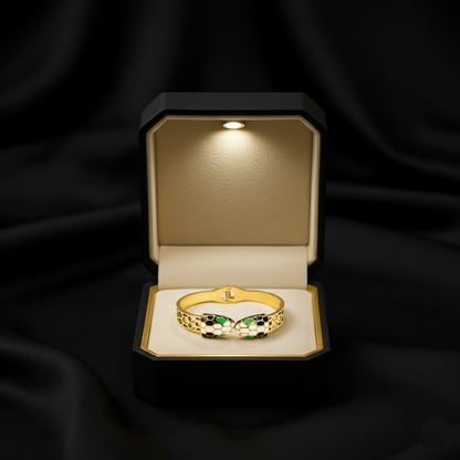 RemindraLux 18K Gold-Plated Serpent Embrace Bangle with Enamel Scales & Emerald Eyes