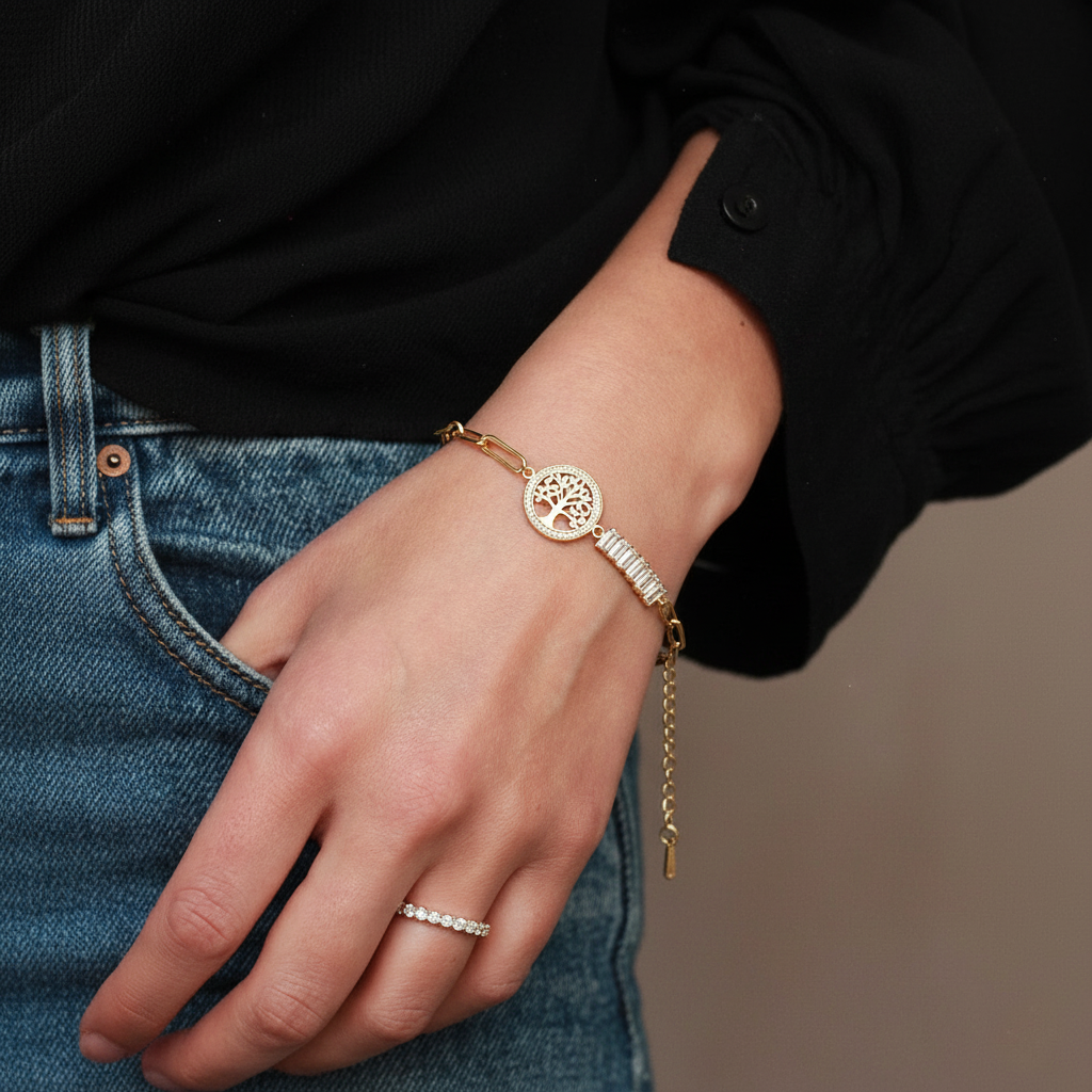 RemindraLux 18K Gold-Plated “Tree of Life” Baguette Accent Bracelet