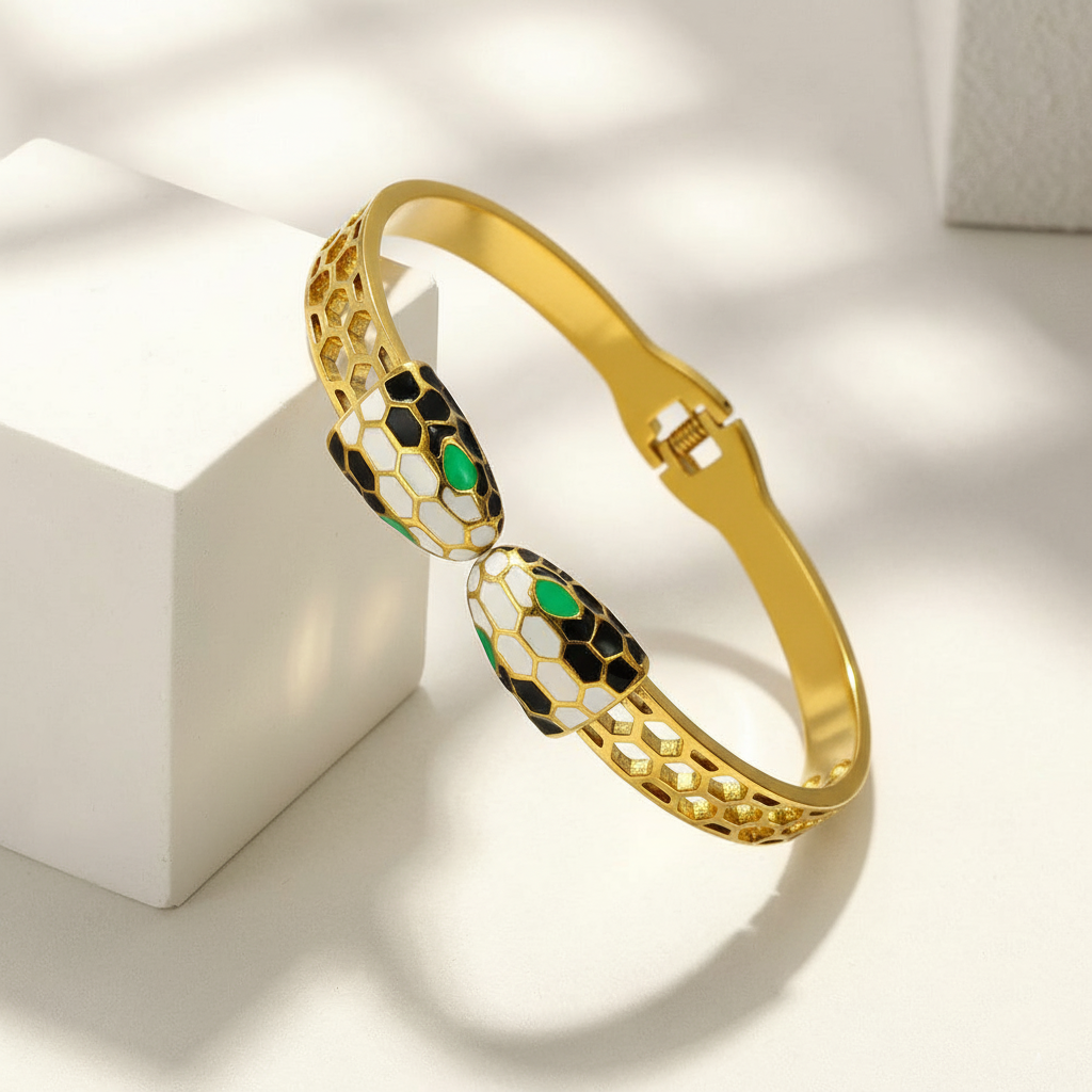 RemindraLux 18K Gold-Plated Serpent Embrace Bangle with Enamel Scales & Emerald Eyes