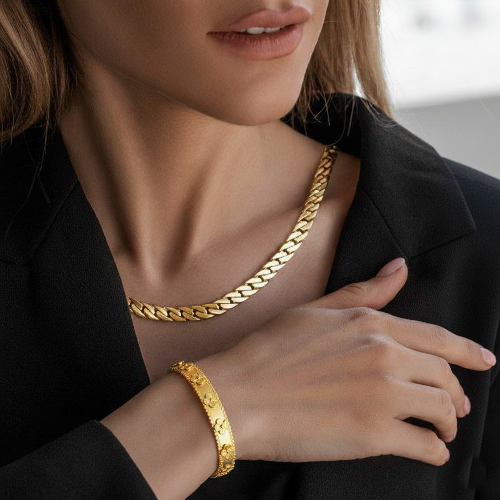 RemindraLux 18K Gold-Plated Beaded Edge Bangle with Golden Flowers