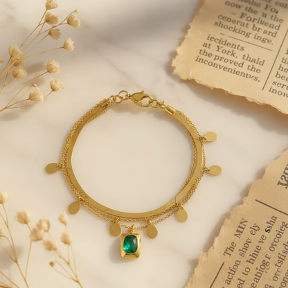 RemindraLux 18K Gold-Plated Triple-Strand Bracelet with Disc Charms & Emerald-Green Stone