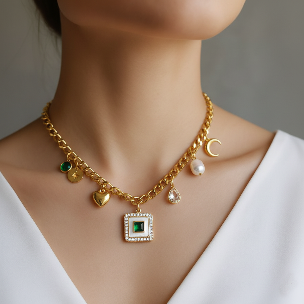 RemindraLux 18K Gold-Plated Emerald Medallion Charm Necklace