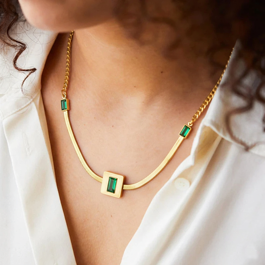 RemindraLux 18K Gold-Plated Emerald Square-Center Choker Necklace