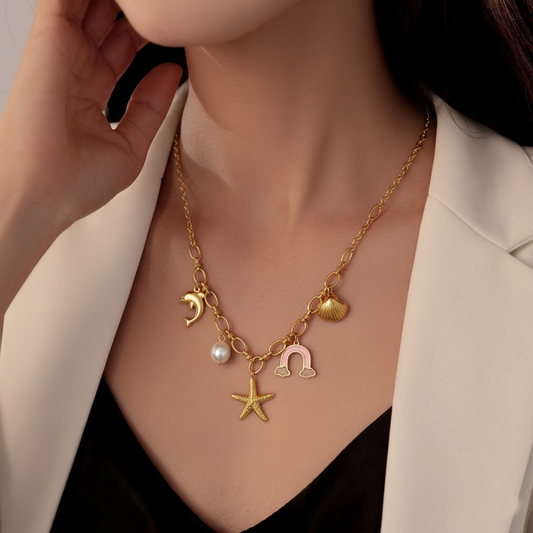 RemindraLux 18K Gold-Plated Ocean Charm Necklace with Dolphin, Starfish, Shell, Pearl & Rainbow