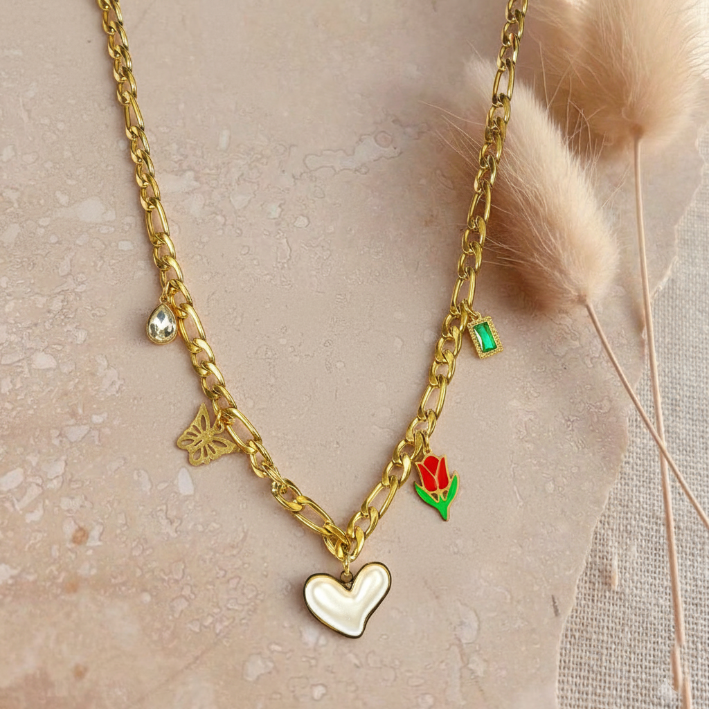 RemindraLux 18K Gold-Plated Pearl Heart & Tulip Charm Necklace