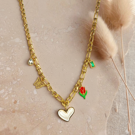 RemindraLux 18K Gold-Plated Pearl Heart & Tulip Charm Necklace