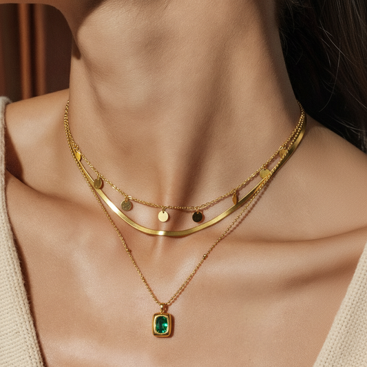 RemindraLux 18K Gold-Plated Layered Coin-Charm & Emerald-Green Pendant Necklace