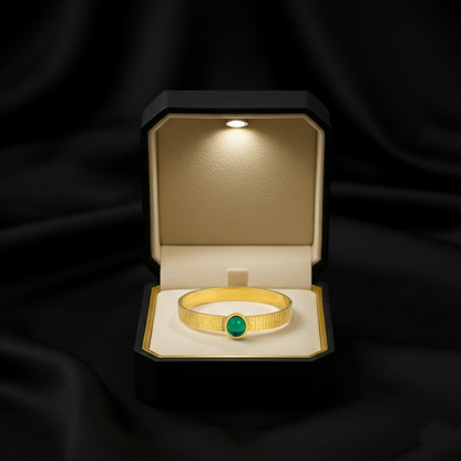 RemindraLux 18K Gold-Plated Textured Bangle with Emerald Green Gemstone