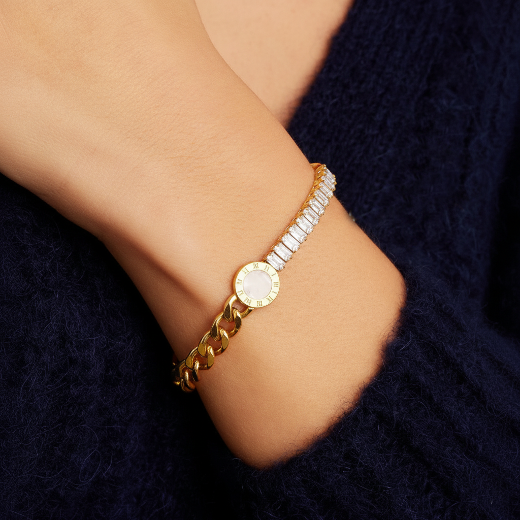 RemindraLux 18K Gold-Plated Dual-Style Bracelet with Roman Dial & Baguette Crystals