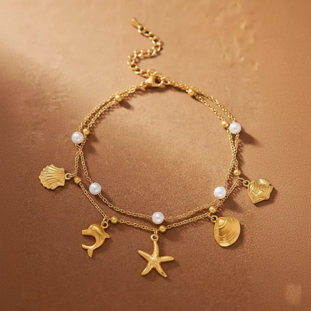 RemindraLux 18K Gold-Plated “Sea Tale” Double-Layer Pearl Charm Anklet