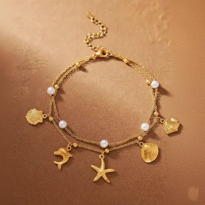 RemindraLux 18K Gold-Plated “Sea Tale” Double-Layer Pearl Charm Anklet