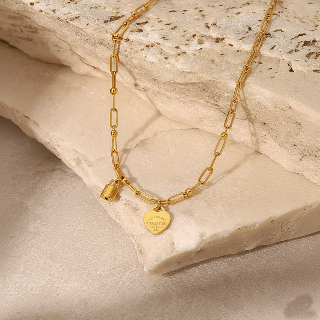 RemindraLux 18K Gold-Plated Heart Tag & Mini-Lock Beaded-Link Necklace