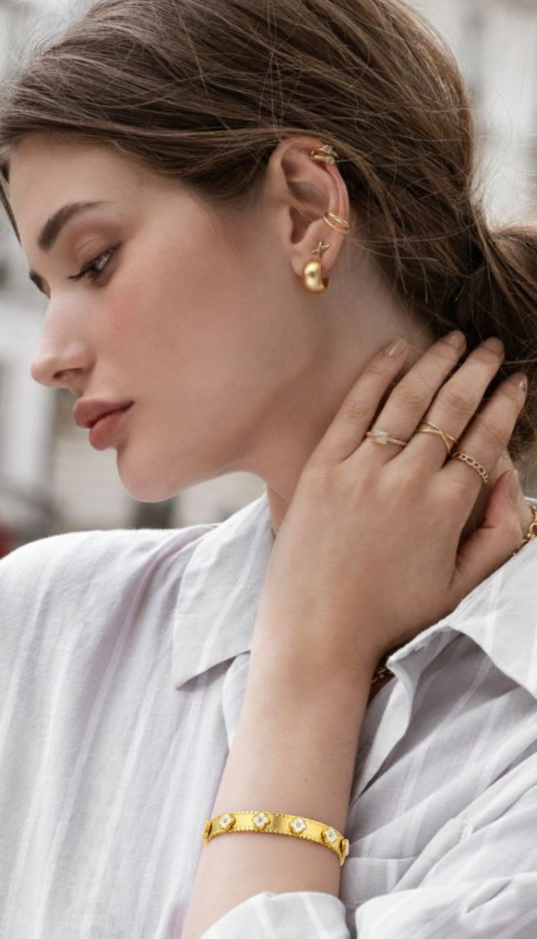 RemindraLux 18K Gold-Plated Beaded Edge Bangle with White Enamel Flowers