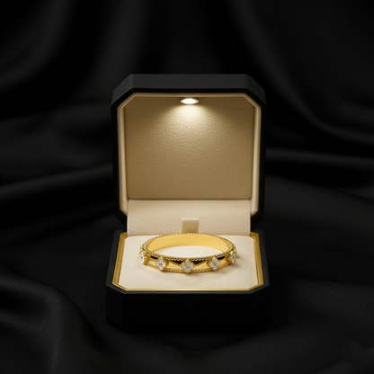 RemindraLux 18K Gold-Plated Beaded Edge Bangle with White Enamel Flowers