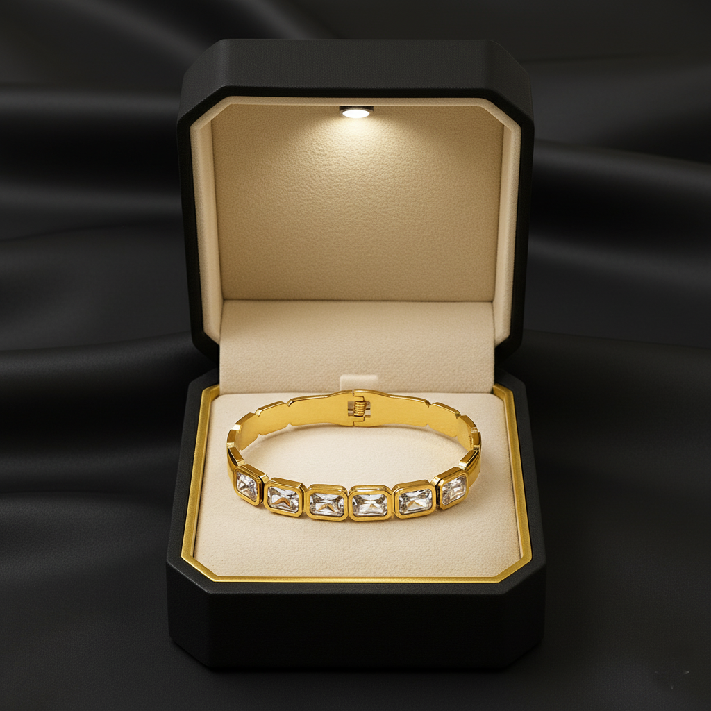 RemindraLux 18K Gold-Plated Emerald-Cut Crystal Bezel Bangle