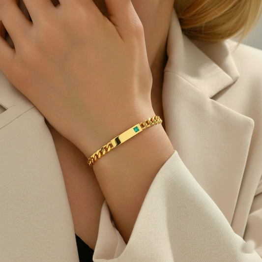 RemindraLux 18K Gold-Plated Cuban Link ID Plate Bracelet with Emerald-Green Accent