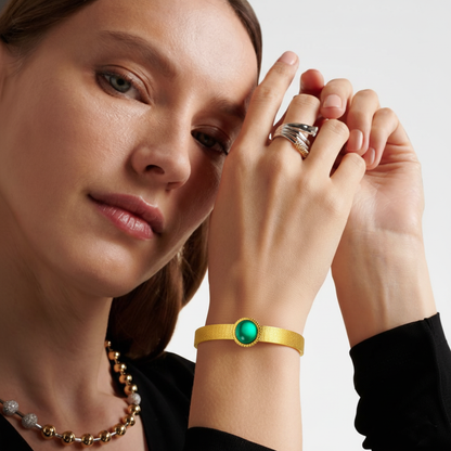 RemindraLux 18K Gold-Plated Textured Bangle with Emerald Green Gemstone
