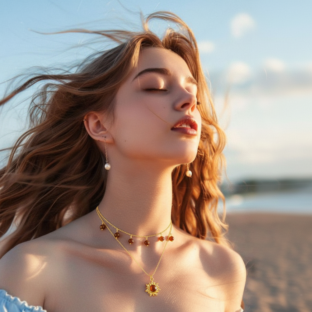 RemindraLux 18K Gold-Plated Dual-Layer Sunburst Gemstone Pendant Necklace