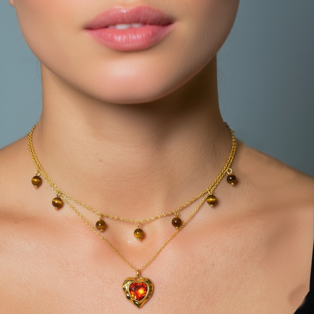 RemindraLux 18K Gold-Plated Amber Heart Layered Necklace