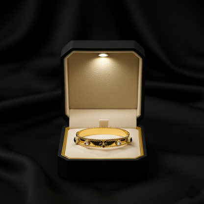 RemindraLux 18K Gold-Plated Beaded Edge Bangle with Flower, Heart & Black Star