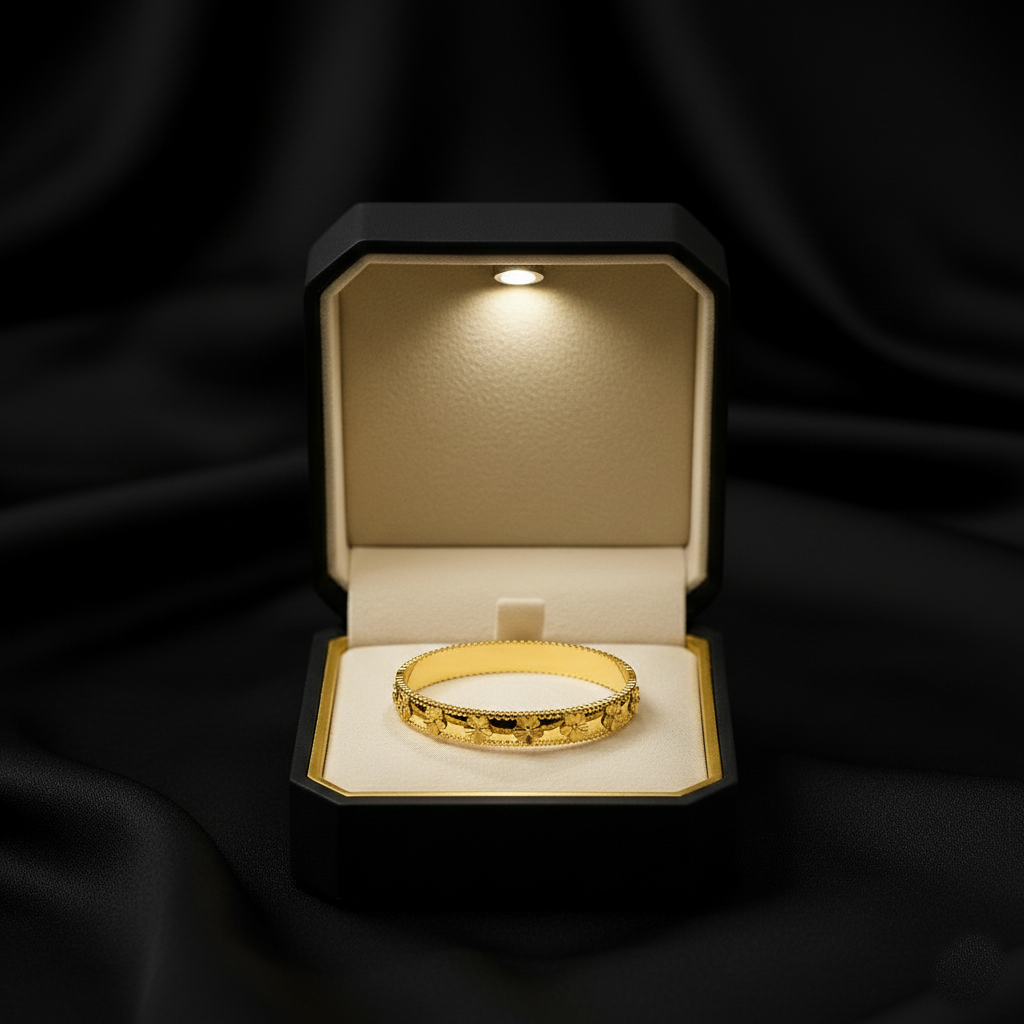 RemindraLux 18K Gold-Plated Beaded Edge Bangle with Golden Flowers