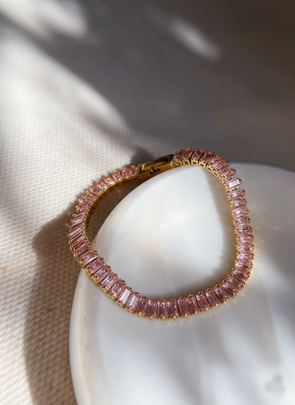 RemindraLux 18K Gold-Plated Pink Baguette-Cut Crystal Tennis Bracelet