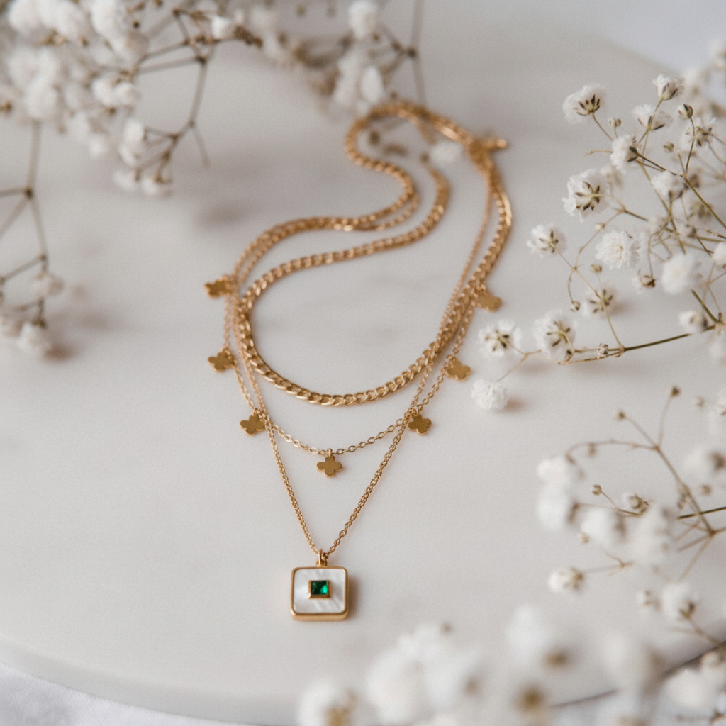 RemindraLux 18K Gold-Plated Layered Chains with Mini Flowers & Square Emerald Pendant