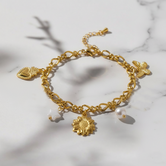 RemindraLux 18K Gold-Plated Charm Bracelet with Butterfly, Heart & Sun Motifs