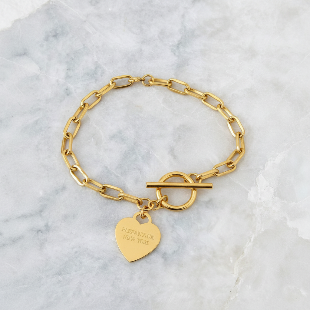 RemindraLux 18K Gold-Plated Heart Tag Chain-Link Toggle Bracelet